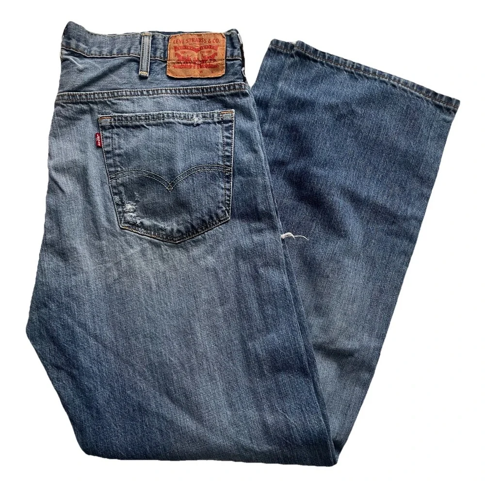 Levis 569 Loose Straight Fit Jeans Mens 38x32 Blue Dark Wash Denim distressed